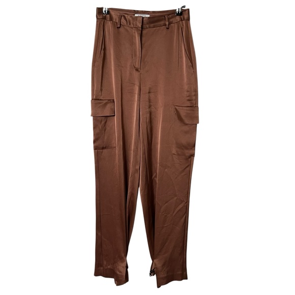 Babaton Refined Satin Cargo Pants Brown Tapered Utility Trouser Women’s Size 0 - Picture 2 of 8